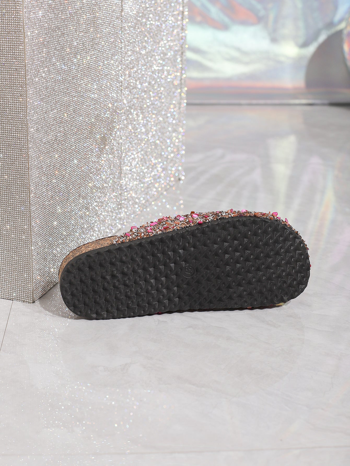 Sequined cork slippers