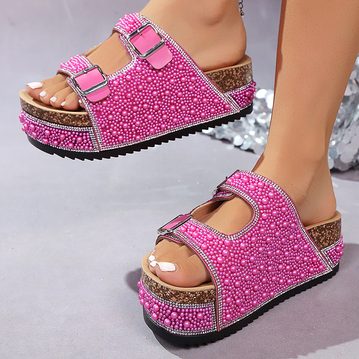 Platform buckle pearl rhinestone sandals