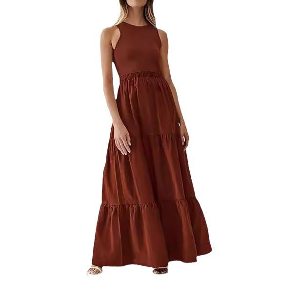 Solid color round neck vest patchwork maxi dress