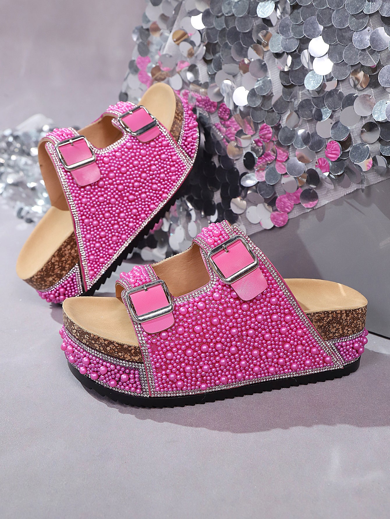Platform buckle pearl rhinestone sandals