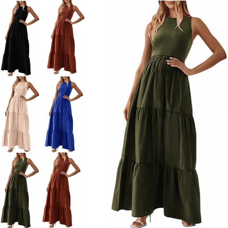 Solid color round neck vest patchwork maxi dress