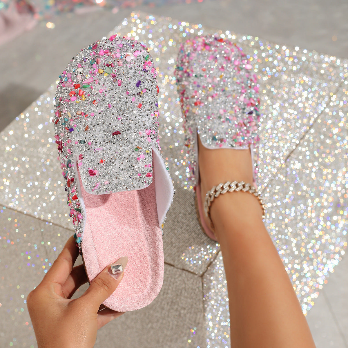 Sequined cork slippers
