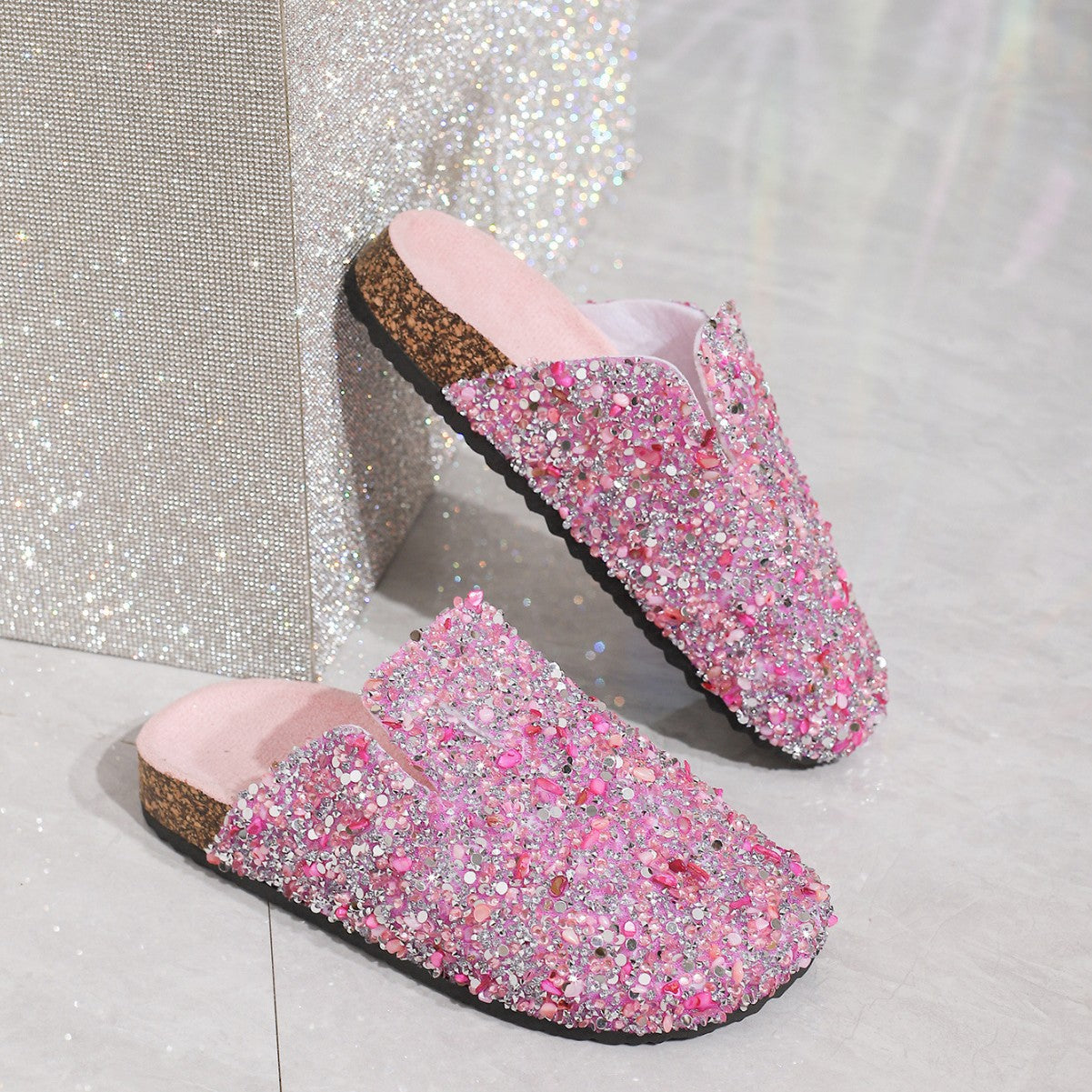 Sequined cork slippers