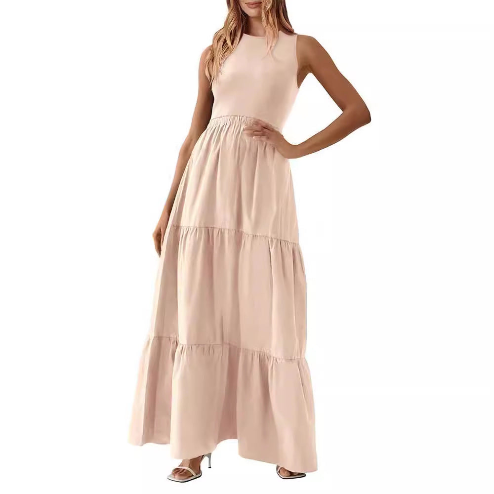Solid color round neck vest patchwork maxi dress