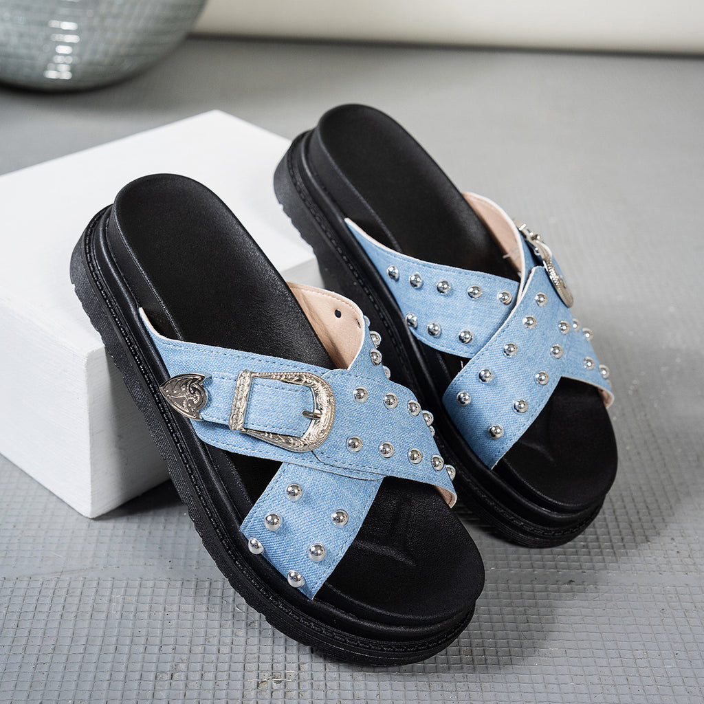 Cross-strap platform slippers