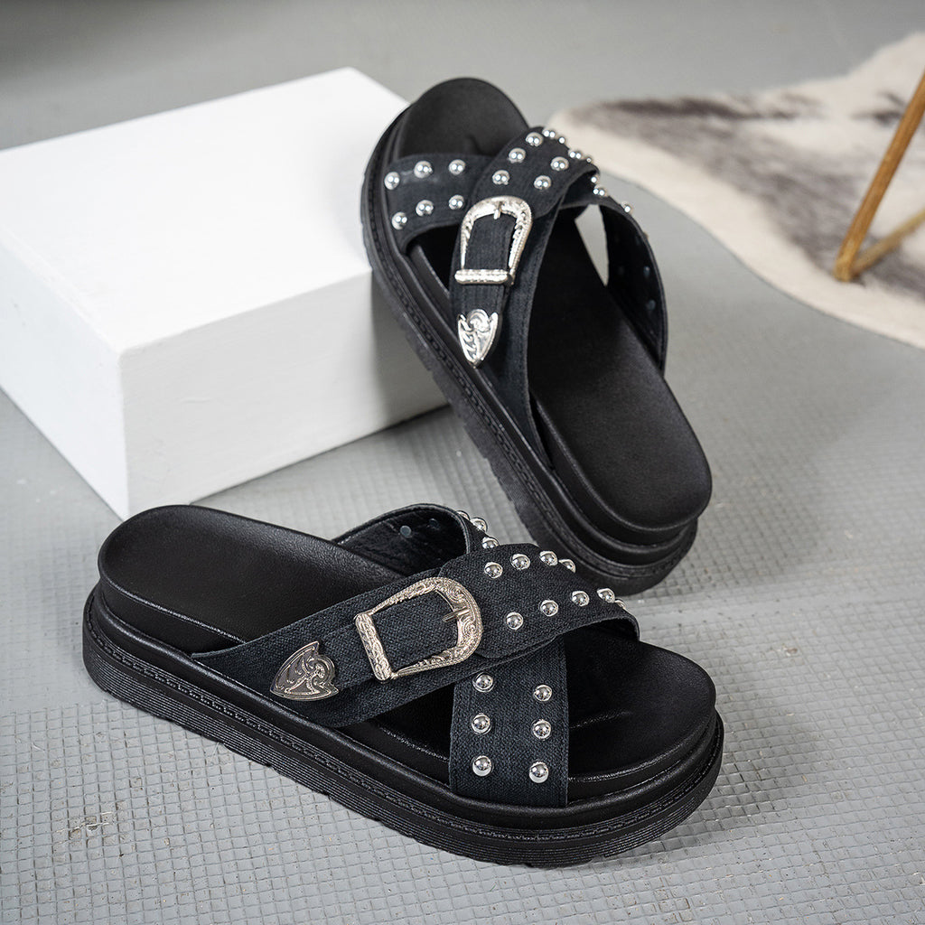 Cross-strap platform slippers