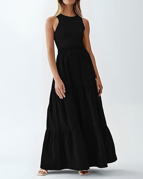 Solid color round neck vest patchwork maxi dress