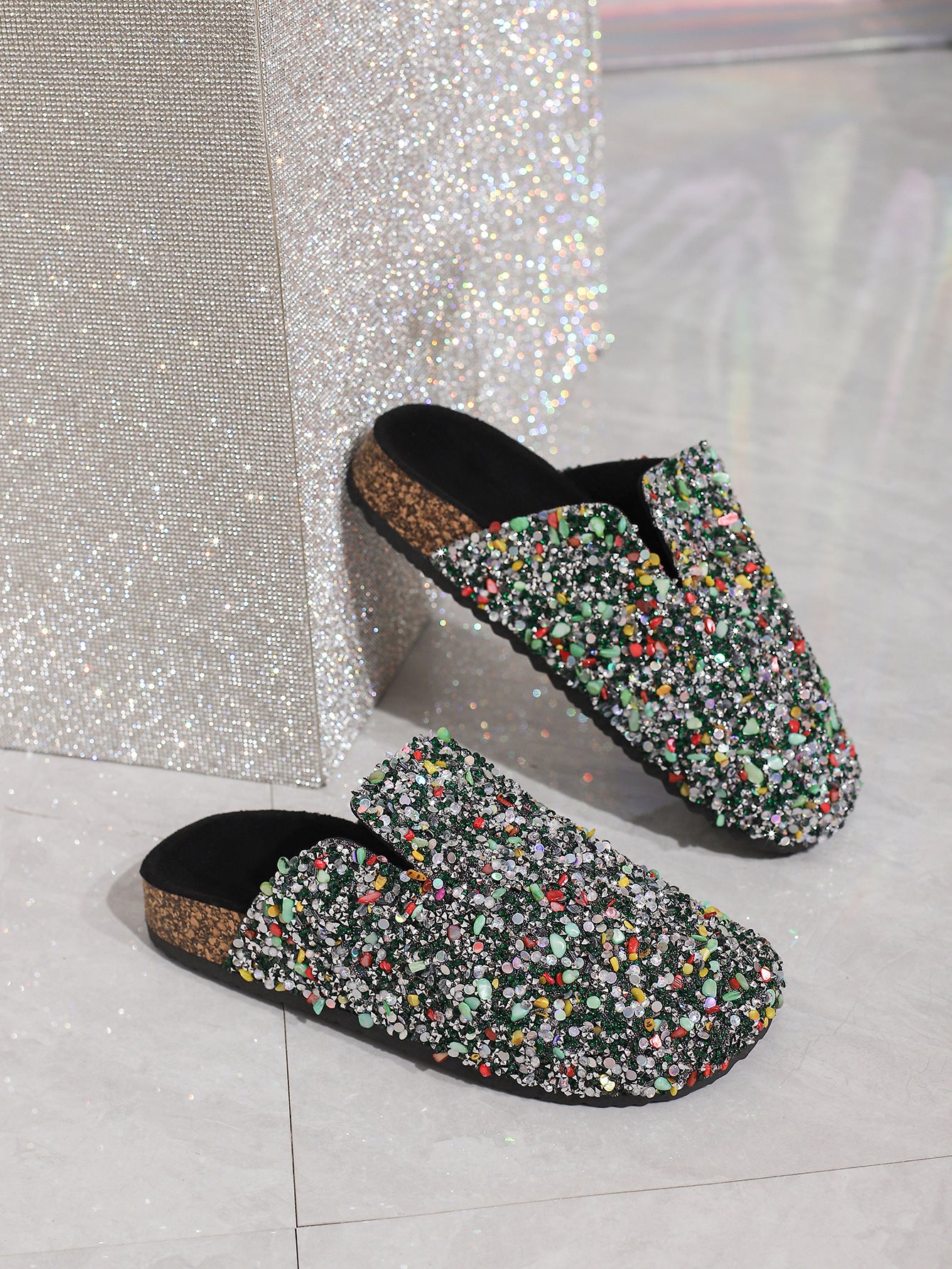 Sequined cork slippers