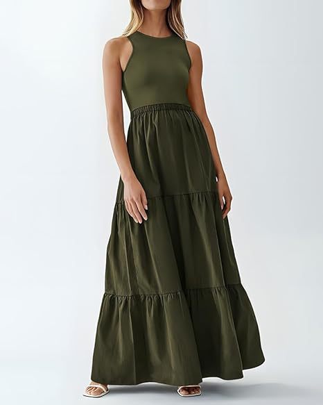 Solid color round neck vest patchwork maxi dress