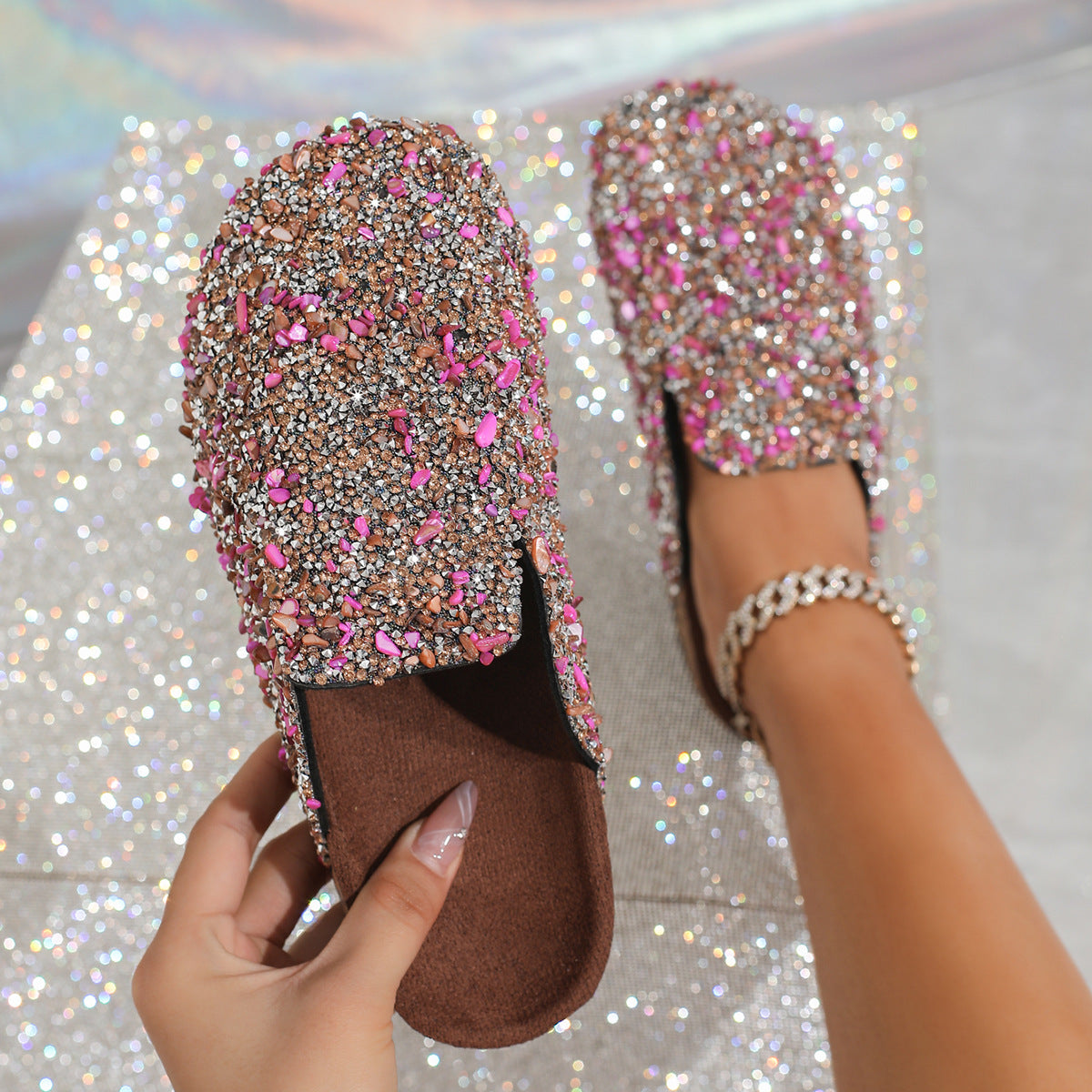 Sequined cork slippers
